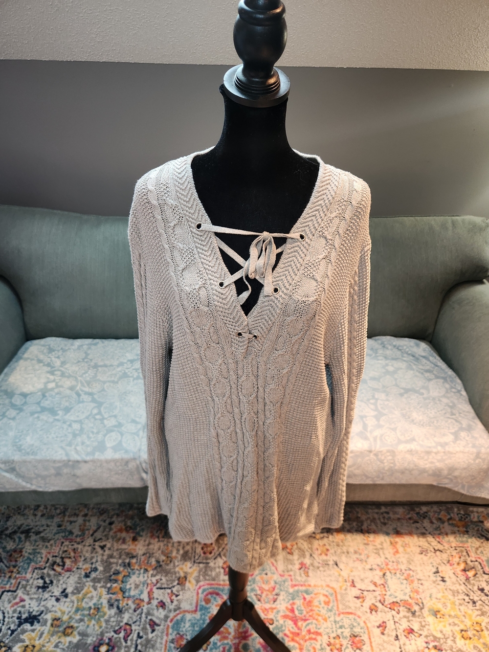 Jeanne Pierre Lace-Up V-Neck Cable Knit Women’s Sweater Grey Cotton! Large